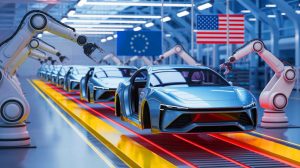 Illustration von der Handelsvereinbarung zwischen den USA und der EU und ihren Auswirkungen auf die Automobilindustrie.