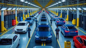 Illustration von den Auswirkungen der US-Zölle auf die europäische Automobilindustrie, erstellt durch künstliche Intelligenz.