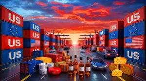 Illustration von den Auswirkungen der US-Zölle auf europäische Exporteure, erstellt mit künstlicher Intelligenz.