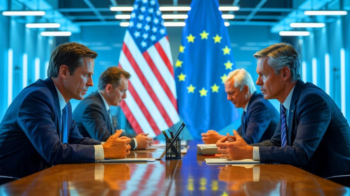 „Diese Zölle werden Europa erschüttern“: Trump Fordert Unfassbare 15-20% Tarife auf EU-Waren – Was Das für Deutschland Bedeutet Illustration von den eskalierenden Handelsverhandlungen zwischen den USA und der Europäischen Union, erstellt mit künstlicher Intelligenz.