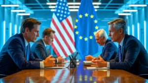 „Diese Zölle werden Europa erschüttern“: Trump Fordert Unfassbare 15-20% Tarife auf EU-Waren – Was Das für Deutschland Bedeutet Illustration von den eskalierenden Handelsverhandlungen zwischen den USA und der Europäischen Union, erstellt mit künstlicher Intelligenz.