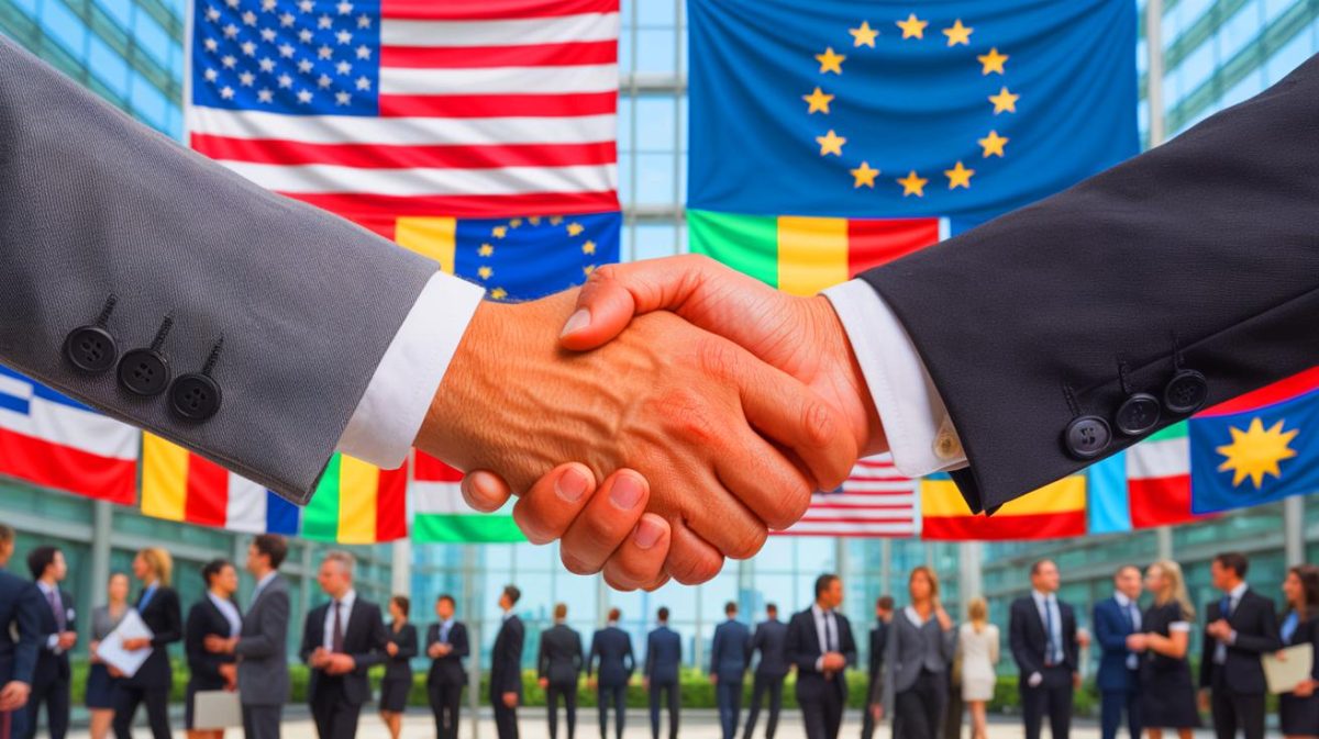„Dieser Deal wird alles verändern!“: Trump Präsentiert Historisches EU-Handelsabkommen mit Schockierenden 15% Zöllen und Setzt Neue Maßstäbe Illustration von der Handelsvereinbarung zwischen den USA und der EU, erstellt durch künstliche Intelligenz.