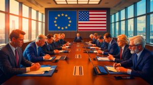 „Dieser Deal wird alles verändern!“: Trumps Riskantes Machtspiel mit der EU im Kampf um Milliarden-Schwere Zollvereinbarung Enthüllt Illustration von den Handelsverhandlungen zwischen der Europäischen Union und den Vereinigten Staaten, erstellt durch künstliche Intelligenz.