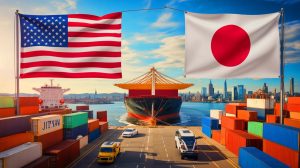 Illustration von den Auswirkungen des US-Japan-Handelsabkommens auf die europäische Automobilindustrie, erstellt mit künstlicher Intelligenz.