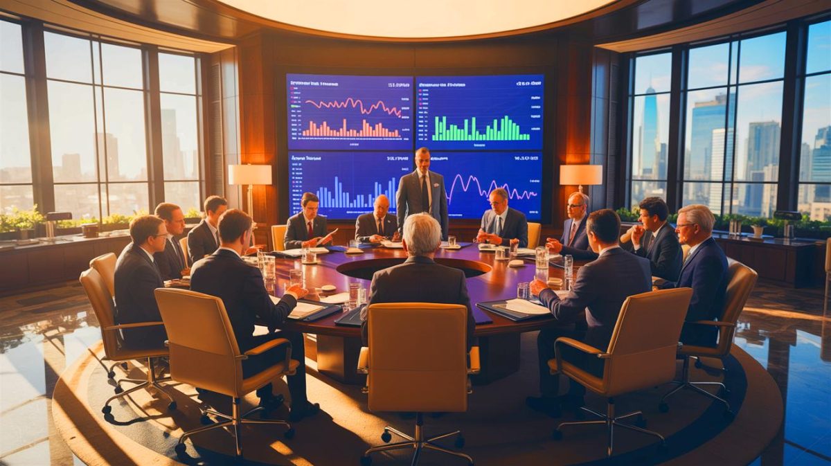 Illustration von einer Diskussion über die Zinspolitik der Federal Reserve, erstellt durch künstliche Intelligenz.