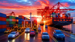 Illustration von den Auswirkungen der US-Zölle auf die europäische Automobilindustrie, erstellt durch künstliche Intelligenz.