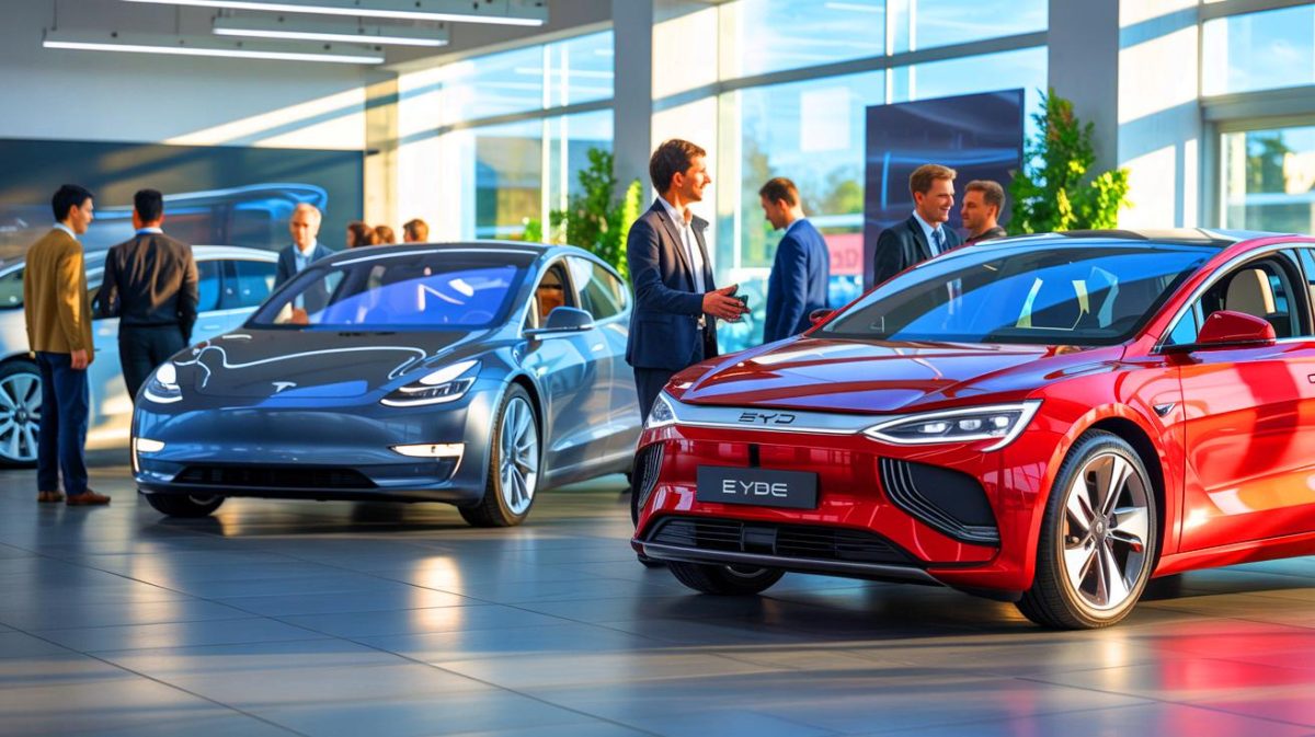 Elon Musk schockiert: „Tesla in Deutschland am Boden!“ während Chinas BYD triumphiert und Markt erobert Illustration von den Herausforderungen und Veränderungen in der europäischen Automobilindustrie durch Elektromobilität und internationale Konkurrenz.