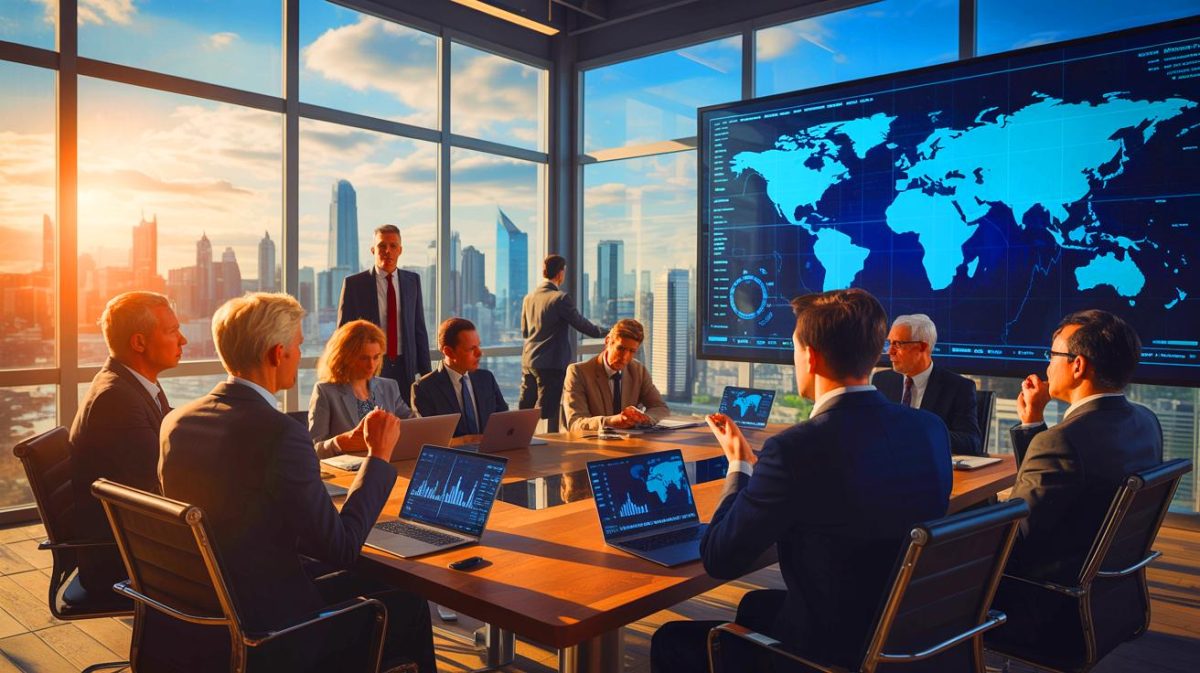Globale Firmenchefs in der Kritik: „Wir opfern Arbeitsplätze, um Profite zu maximieren – das ist der Preis der Globalisierung, den Menschen zahlen müssen“ Illustration von globalen Handelskonflikten und deren Auswirkungen auf Unternehmensstrategien.
