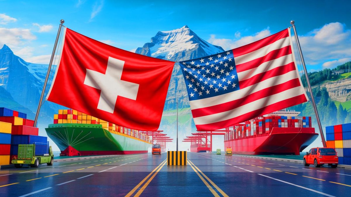 Schweizer Schock: „Trump zerstört unsere Wirtschaft“ – Wie die USA-Tarife das Alpenland in die Krise stürzen Illustration von den wirtschaftlichen Spannungen zwischen der Schweiz und den USA aufgrund geplanter US-Zölle.