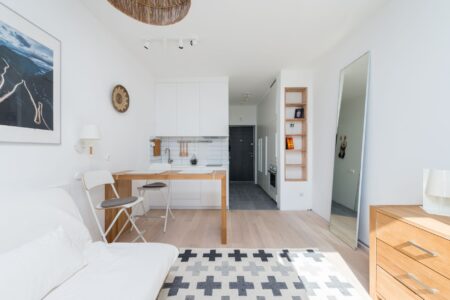 Helle, moderne Wohnung mit minimalistischer Gestaltung, die einen gemütlichen Wohnbereich und funktionale Dekoration bietet.