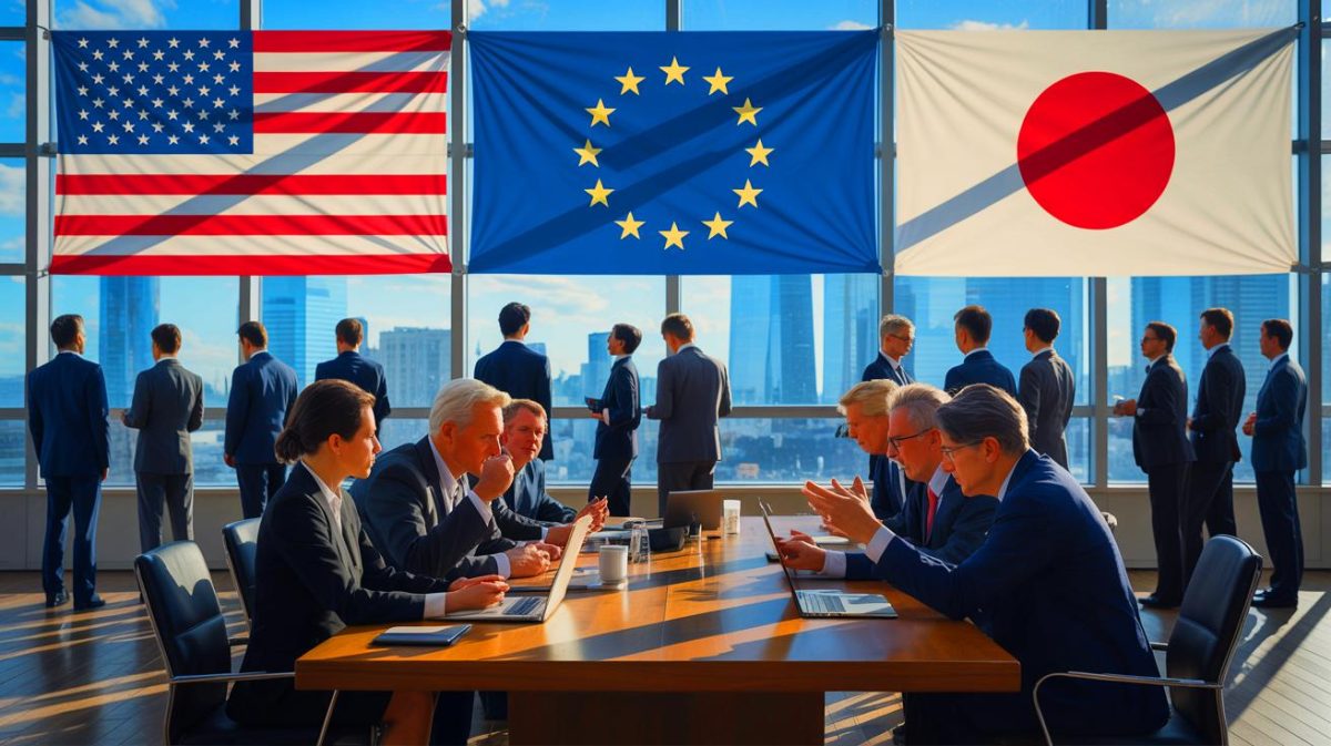 Trump schockiert mit neuer Handelsstrategie: „Das sind keine Geschenke“ – Partner entsetzt über fehlende Großzügigkeit Illustration von Handelsverhandlungen zwischen den USA und internationalen Partnern.