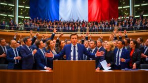 Illustration von Frankreichs Premierminister François Bayrou während einer Pressekonferenz zur Haushaltskrise.