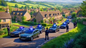 Illustration von JD Vances umstrittenem Besuch in den Cotswolds mit umfangreichen Sicherheitsvorkehrungen und lokalen Protesten.
