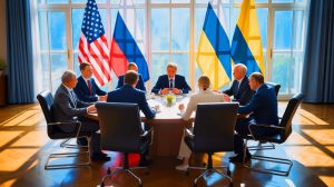 Illustration von Verhandlungen zwischen den USA und Russland über Sicherheitsgarantien für die Ukraine.