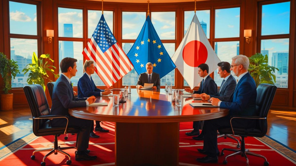 Illustration von Handelsabkommen zwischen den USA, Europa und Japan im Jahr 2025.