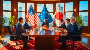 Illustration von Handelsabkommen zwischen den USA, Europa und Japan im Jahr 2025.