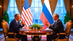 Illustration von den Gesprächen zwischen Donald Trump und Wladimir Putin über den Ukraine-Konflikt.
