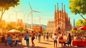 Illustration von Spaniens wirtschaftlichem Aufschwung durch Tourismus und erneuerbare Energien.