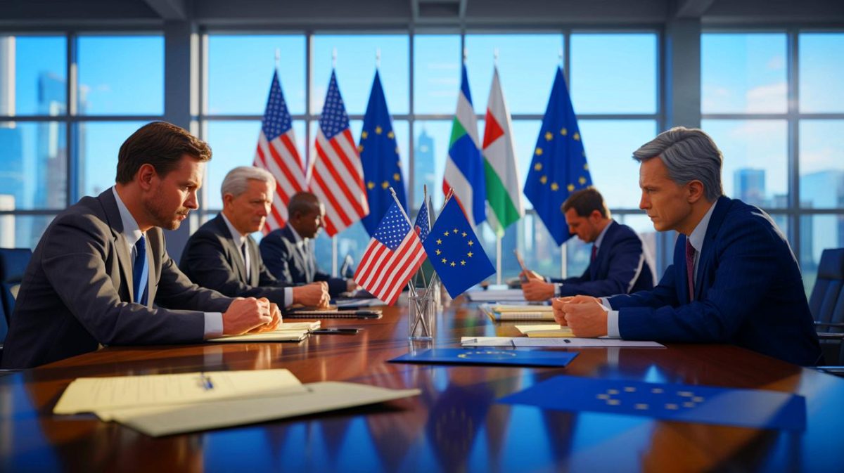 „Unternehmen zittern vor Schockdeal“: Europas Wirtschaft bebt nach US-EU-Abkommen, befürchtet milliardenschwere Verluste und Chaos Illustration von den Handelsverhandlungen zwischen den USA und der Europäischen Union.