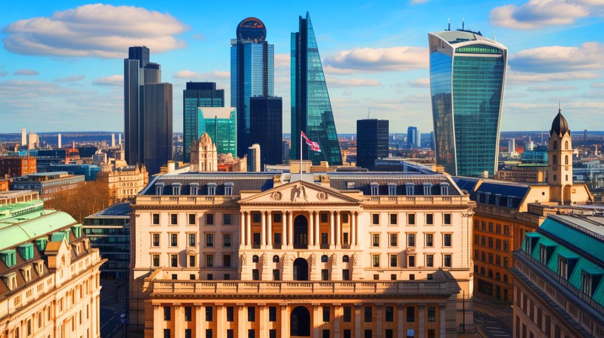 „Zinsen brechen auf 4% ein: Panik beim Immobilienmarkt, Käufer flüchten in Scharen, Preise stürzen dramatisch“ Illustration von der jüngsten Zinssenkung der Bank of England und deren wirtschaftlichen Auswirkungen.