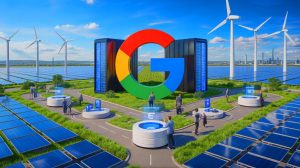 Illustration von Googles Investition in Künstliche Intelligenz und erneuerbare Energien im Vereinigten Königreich.
