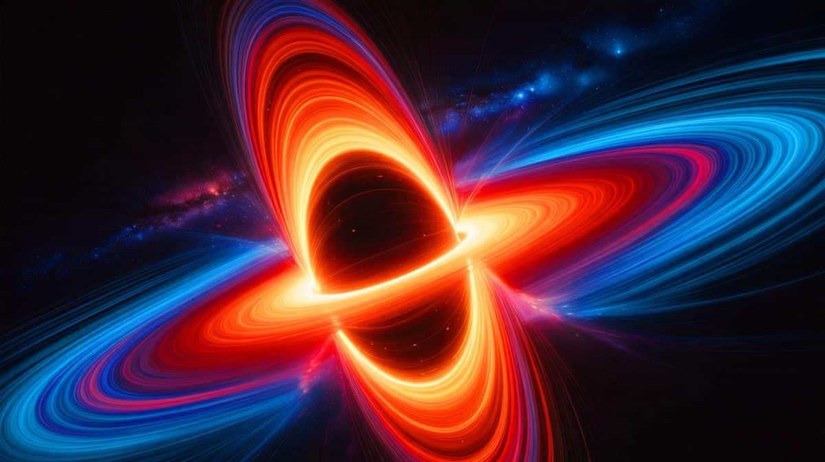 Illustration von der Entdeckung von Gravitationswellen durch die Kollision schwarzer Löcher.