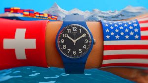 Illustration von der kreativen Reaktion des Schweizer Uhrenherstellers Swatch auf die US-Zölle.