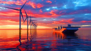 Illustration von Offshore-Windkraftanlagen im Kontext internationaler Investitionen.