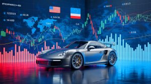 „US-Zölle beißen“: Porsche verlässt DAX – dieser Schock trifft Deutschlands Wirtschaft härter als je zuvor Illustration von Porsche-Fahrzeugen vor dem Hintergrund globaler Handelskonflikte und der Herausforderung der Elektromobilität.