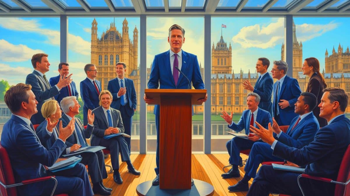 Starmer enthüllt geheime Pläne: Wie die Regierung Ihre Steuern heimlich erhöht und Familien erschüttert Illustration von Keir Starmer auf der Labour-Parteikonferenz inmitten politischer und wirtschaftlicher Herausforderungen.