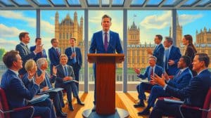 Starmer enthüllt geheime Pläne: Wie die Regierung Ihre Steuern heimlich erhöht und Familien erschüttert Illustration von Keir Starmer auf der Labour-Parteikonferenz inmitten politischer und wirtschaftlicher Herausforderungen.