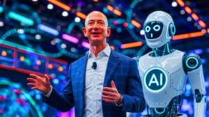 Illustration von Jeff Bezos, der über die industrielle Blase der Künstlichen Intelligenz spricht.