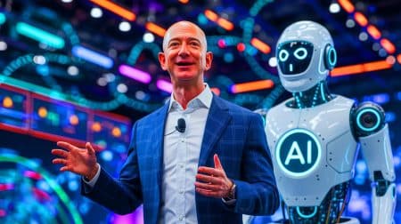 „Diese unsichtbare Gefahr explodiert“: Wie Jeff Bezos’ KI-Blase Ihre Zukunft unerwartet verändern wird (steht schon in Ihrer Küche) Illustration von Jeff Bezos, der über die industrielle Blase der Künstlichen Intelligenz spricht.