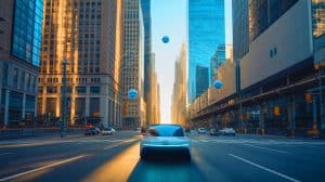 Illustration von urbanen Herausforderungen der GPS-Navigation und Lösungen für autonome Fahrzeuge.