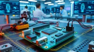 Illustration von der Übernahme von Arduino durch Qualcomm und deren Einfluss auf die Robotikindustrie.