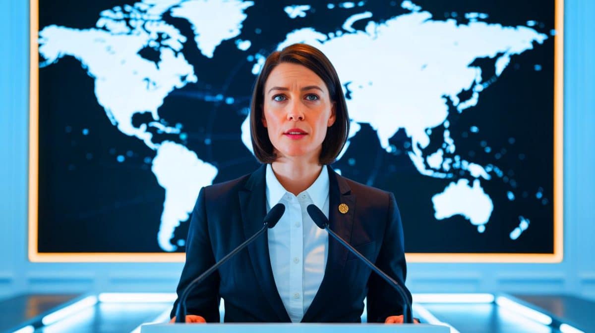 Illustration von der britischen Finanzministerin Rachel Reeves bei einer Rede über wirtschaftliche Herausforderungen.
