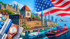 Illustration von den wirtschaftlichen Herausforderungen der Schweiz durch US-Zölle und Handelskonflikte.
