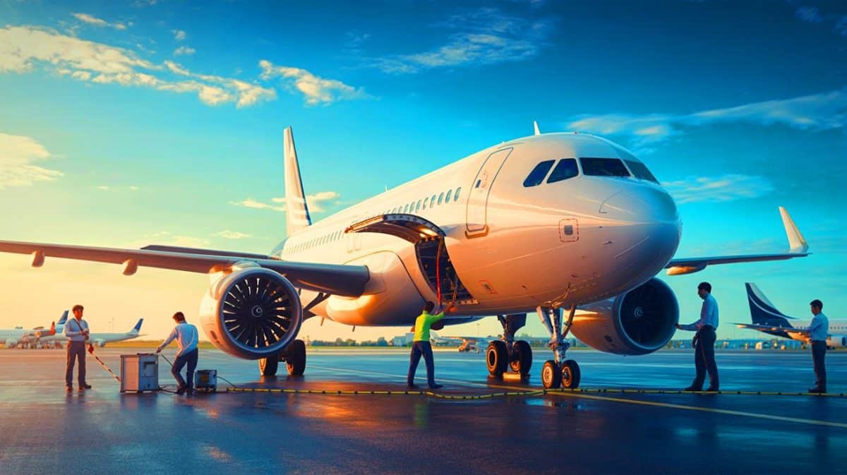 Illustration von einem Airbus A320 am Boden stehend während einer Software-Aktualisierung.