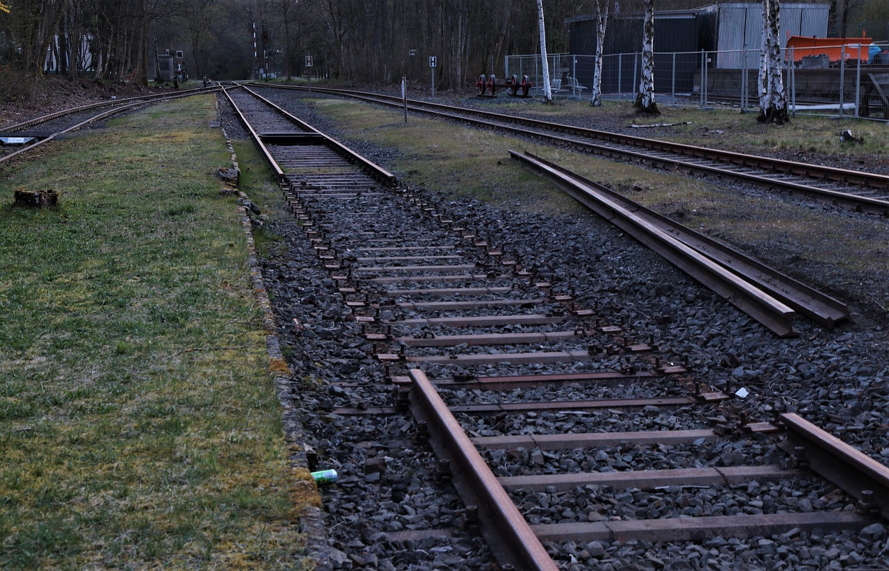 Zwei Gleise mit Holzschwellen und Schotter neben einer Grasfläche, im Hintergrund Bäume und ein Gleisfeld in der Dämmerung